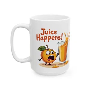 Juice Happens Coffee Mug Funny Cartoon Orange Cup for Fruit Fans and Pun Lovers - Picture 1 of 16
