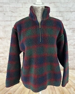 Vintage LL Bean Kids Deep Pile Fleece half Zip Pullover USA Plush Plaid Youth L - Picture 1 of 6