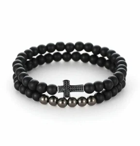 Armband Charme 2er Set Unisex Herren Perlen Stein Flexibel Lava Schwarz Kreuz - Bild 1 von 1