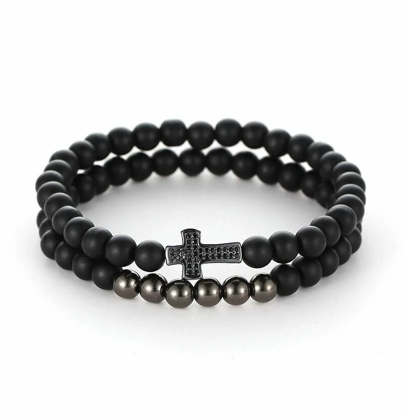 Armband Charme 2er Set Unisex Herren Perlen Stein Flexibel Lava Schwarz Kreuz - Bild 1 von 1