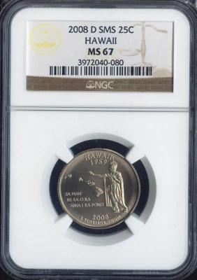 2008-D Hawaii State Quarter NGC MS67 SMS Quality - Image 1 of 2