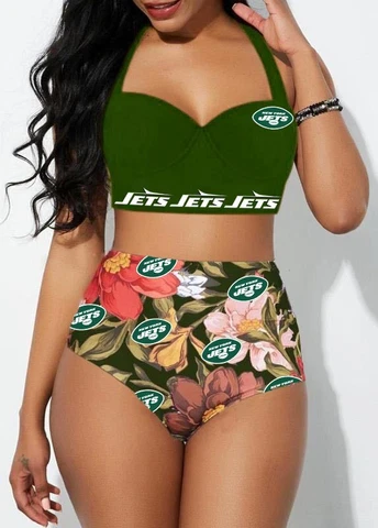 New York Jets 2Pcs Halter Swimsuit Beach Sexy High Waist Bikini Bathing Wear Cover