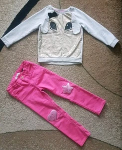 Lot of 2 Girl H&M Stretch Pants & Sweater Sequin Pink/Beaige Bunny Size 4-6 y.o. - Picture 1 of 8