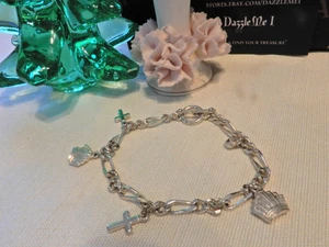 Silver tone Religious link Charm Bracelet w/Cross & Crowns ~ PRETTY ~ DEAL $$$ - Picture 1 of 11