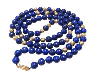 Collana Oro Giallo 14K Blu Lapislazzuli Perline 30” Qualità Lunga 8mm 585 - Foto 1 di 12