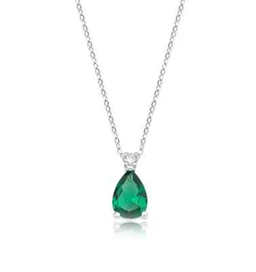 14K Solid White Gold Pear Shape Emerald and Diamond Solitaire Necklace - Picture 1 of 3