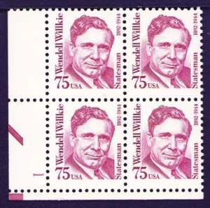 USA 75¢ Wendell Willkie Plate Block #2192 MNH 1992 - Bild 1 von 2