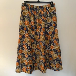 SILHOUETTES Floral Batik Inspired Print Midi 100% Linen Skirt Elastic Waist 1X - Picture 1 of 6