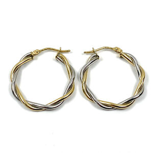 9ct 375 Yellow & White Gold Hoop Earrings Twist Pattern - 20.0mm