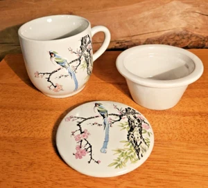 Tapa de té oriental, infusor, tapa, diseño de flor de cerezo, pájaro azul cola larga - Imagen 1 de 8