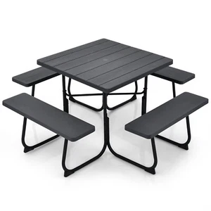 Outdoor 8-person Square Picnic Table Bench Set with 4 Benches & Umbrella Hole - Picture 1 of 28
