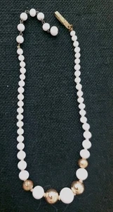 Vintage Gold-White Opaque Glass Bead Necklace - Japan S8 - Picture 1 of 5