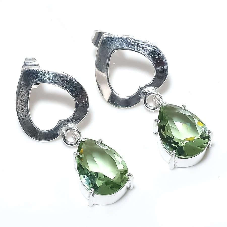 Green Amethyst Gemstone 925 Starling Silver Jewelry Earring Stud Size 1.4" - Image 1 of 1