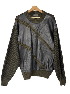 Vintage 80s Saxony Leather Knit Acrylic Mobster Pullover Sweater Men’s Medium - Bild 1 von 4