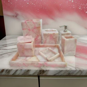 Juego de baño de cuarzo rosa para baño dispensador de jabón soporte de cepillo de dientes barra decoración - Imagen 1 de 8