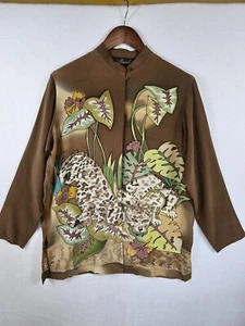 Vintage Mureli 100% Silk Brown Blouse With Leopard Print & Botanical Design M L - Picture 1 of 6