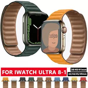 For Apple Watch Leather Link Band Strap iWatch Series Ultra 9 8 7 SE 44/45/49mm - Foto 1 di 36
