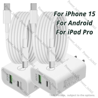 For Android Samsung iPhone 15 Pro 20W PD Fast Wall Charger Dual USB Type C Cable - Image 1 of 4