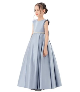 Satin Flower Girl Dress with Ruffled Cap Sleeves Princess Gown Birthday Dresses - Picture 1 of 46