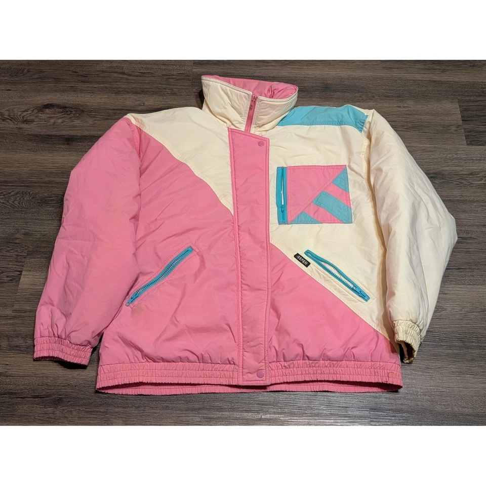 Chaqueta de esquí retro Aspen años 80 rosa crema verde azulado bloque de color acolchado cremallera completa talla L Foto 1 de 4