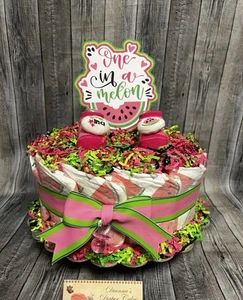 One In A Melon Baby Diaper Cake Shower Gift Centerpiece Newborn Present Girls - Picture 1 of 4