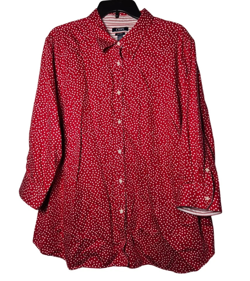 Chaps Womens No Iron Long Sleeve Button Red Polka Dot Top Plus Size 3X Career - Image 1 of 4