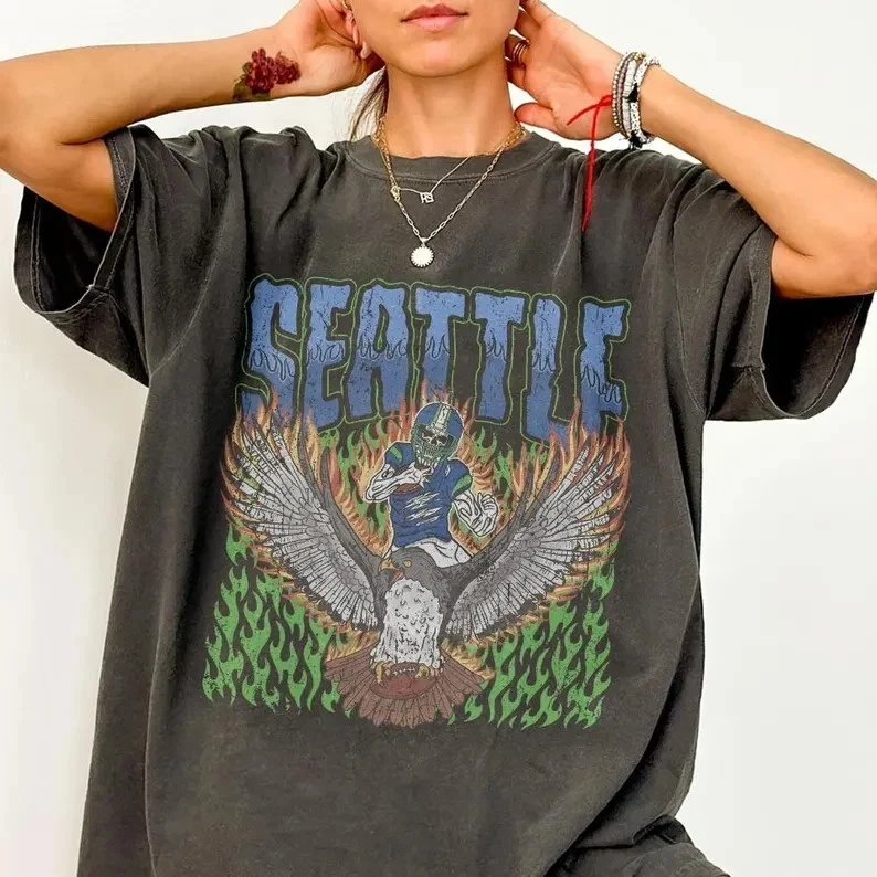 Seattle Football Skull Vintage NFL short sleeve charcoal color shirt VK00752 - Image 1 of 1