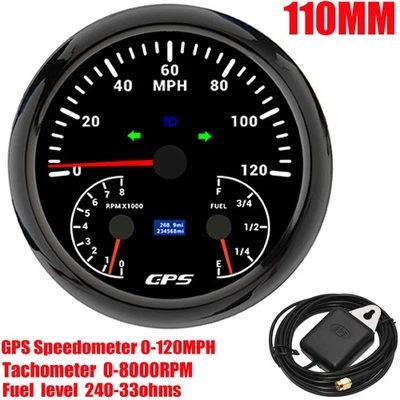 110MM GPS Speedometer 120MPH With Tacho 8000RPM Fuel Level Gauge for Boat Car - Image 1 of 4