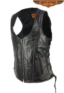Women's Motorcycle Leather Vest Zipper Closure Pink Stitch- S,M,L,XL,2XL,3XL,4XL - Picture 1 of 6