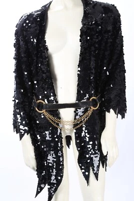 Chaqueta Cardigan Vintage Negra Lentejuelas Cinturón Manga 3/4 Dobladillo Punta Talla S Foto 1 de 4