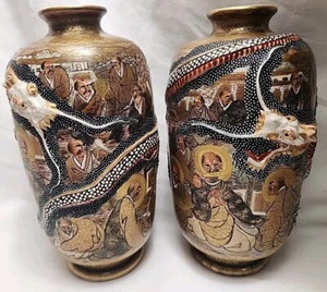 2 1800s Porcelain Pottery Japanese SATSUMA High Relief DRAGONWARE SERPENT VASES - Picture 1 of 21