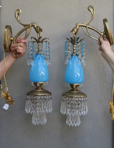 2 Sconce lamp Murano Turquoise Blue Opaline Glass Bronze Brass crystal Vintage - Picture 1 of 12