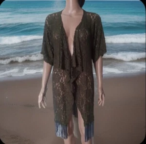 LuLaRoe Size S. Women's Open Midi Cardigan Beach Cover Up Lace-Green Blue-Fringe - Picture 1 of 20