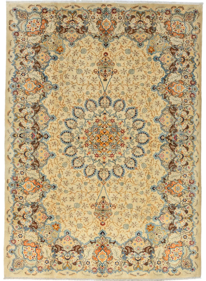 Handmade Semi-Antique Oriental Rug Beige Medallion Traditional Carpet 9X13 ft - Image 1 of 4