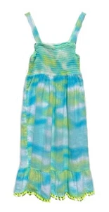 SO Girls Strap Sun Dress Aqua Blue Green Watercolor 100% Cotton Size 12 - Picture 1 of 5