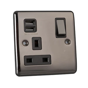 Caradok 1 Gang 2.1A Plug Socket with USB Sockets - Black Nickel - Picture 1 of 4