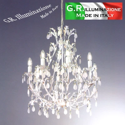 Lustre fer forgè classique 8 L blanc or Lampe pendante perles salon chambre CORA - Photo 1/4