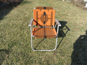  Vintage Macrame Folding Lawn Chair Metal Arms Orange Brown