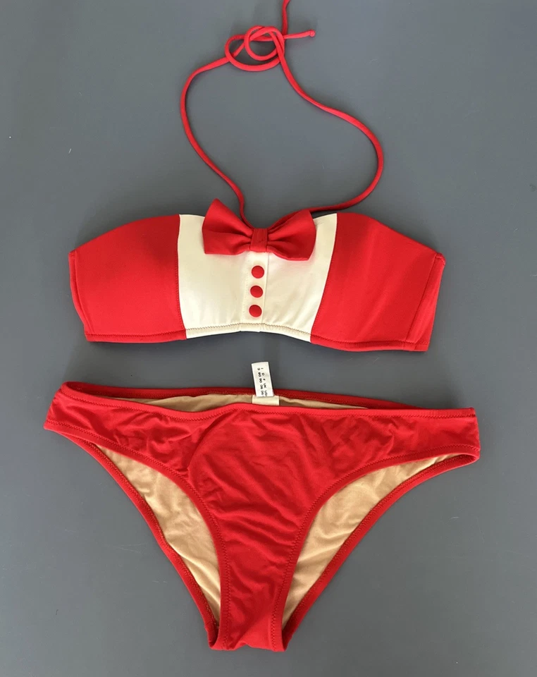 Moschino Tuxedo Bikini Set with Bow  Red White 2 Piece Bathing Suit Large US 36 - Image 1 of 4