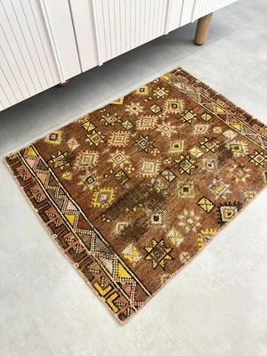 Felpudo vintage marrón 2x3, alfombra turca, alfombra pequeña, lana hecha a mano, decoración de baño Foto 1 de 4
