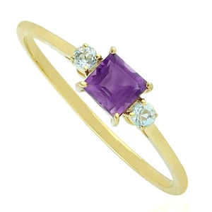 14K Yellow Gold Amethyst Topaz Three Stone Ring Princess Cut Fine Jewelry Gift - Picture 1 of 7