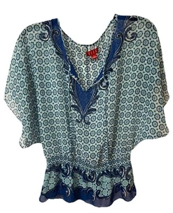 Elle Top Blouse Women S Blue White Medallion Print Dolman Sleeve Elastic Waist - Picture 1 of 9