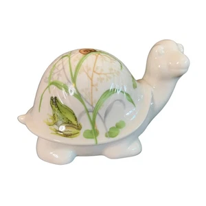 Figura Vintage Tortuga Porcelana Verde Crema Tortuga Animal Flores Florales - Imagen 1 de 9