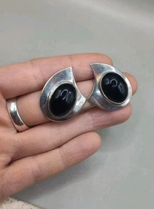 Orecchini Vintage Messico Argento Sterling 925 Onice Nera Traforata - Foto 1 di 11