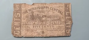 Moneda obsoleta - 5 centavos 1862 Mississippi Central Rail Road Company #96286 - Imagen 1 de 2