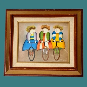 Joyce Roybal Signed Oil Painting on Canvas 3 Unicyclists Framed Whimsical Art - Picture 1 of 9