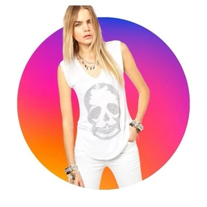 Zadig & Voltaire Brooklyn Strass White Skull Cotton Tshirt Sleeveless Top XS 0 2 - Picture 1 of 17