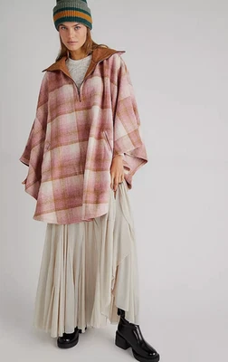 CHAQUETA PONCHO CAPA FREE PEOPLE ROSA WOODSTOCK CEPILLADO CUADROS TALLA ÚNICA Foto 1 de 4