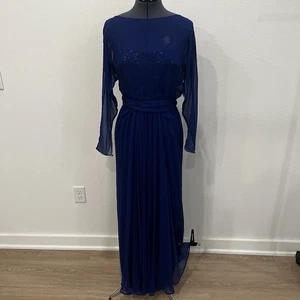 Maxi abito Rickie Freeman Teri Jon blu royal seta trasparente paillettes sovrapposte taglia 10 - Foto 1 di 12