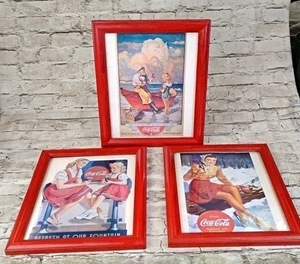 Coca-Cola " Pictures in Wood Frame Set Of 3 - Picture 1 of 6